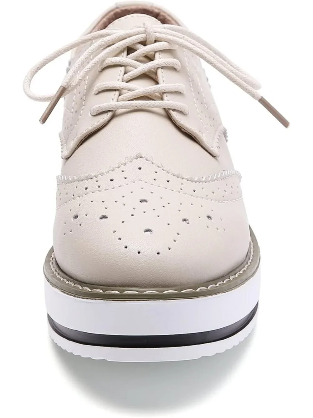 Women's Beige Round Toe Lace Up Leather Oxford Shoes Wingtip White Platform